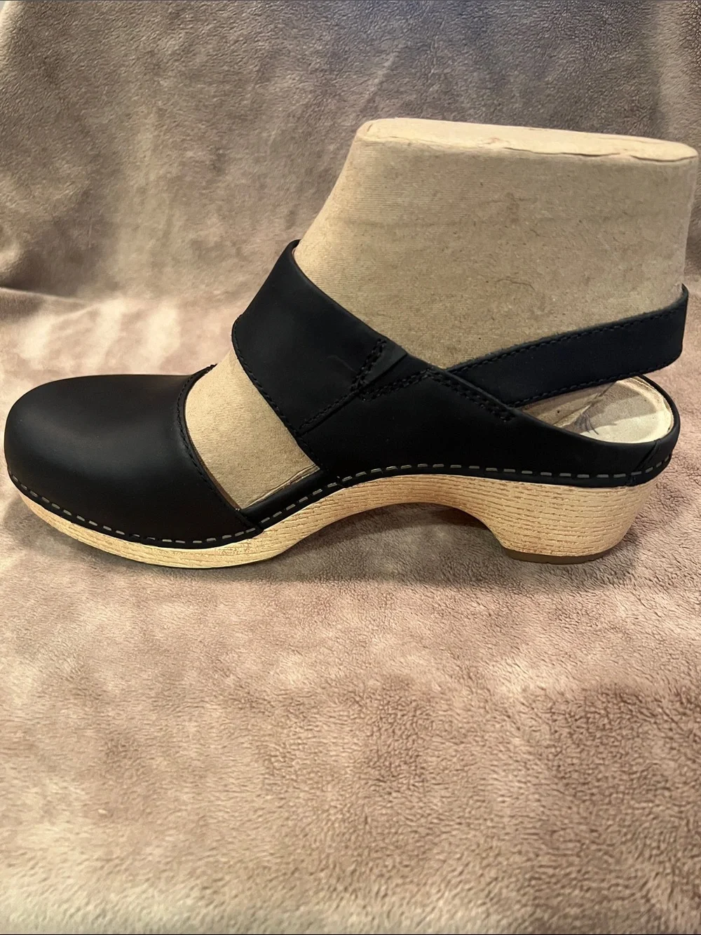Dansko Lucia Black Leather Slingback Shoe with Wood-Effect Sole